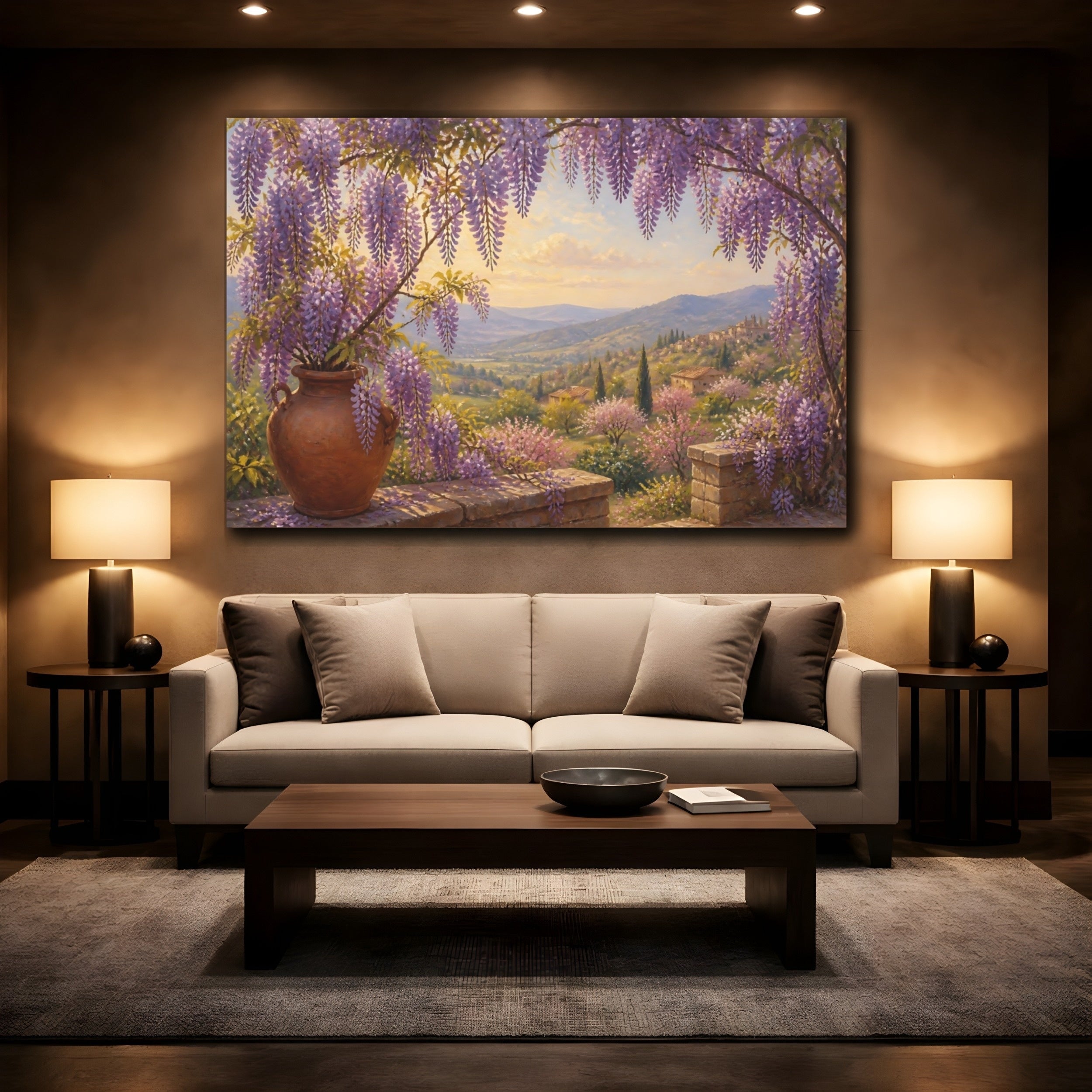 Mockup 2. Floral Wisteria Purple Wisteria Landscape shown as stretched canvas wall art