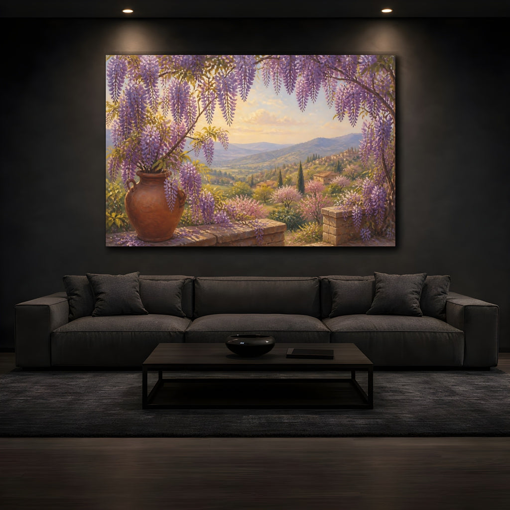 Mockup 3. Floral Wisteria Purple Wisteria Landscape shown as stretched canvas wall art
