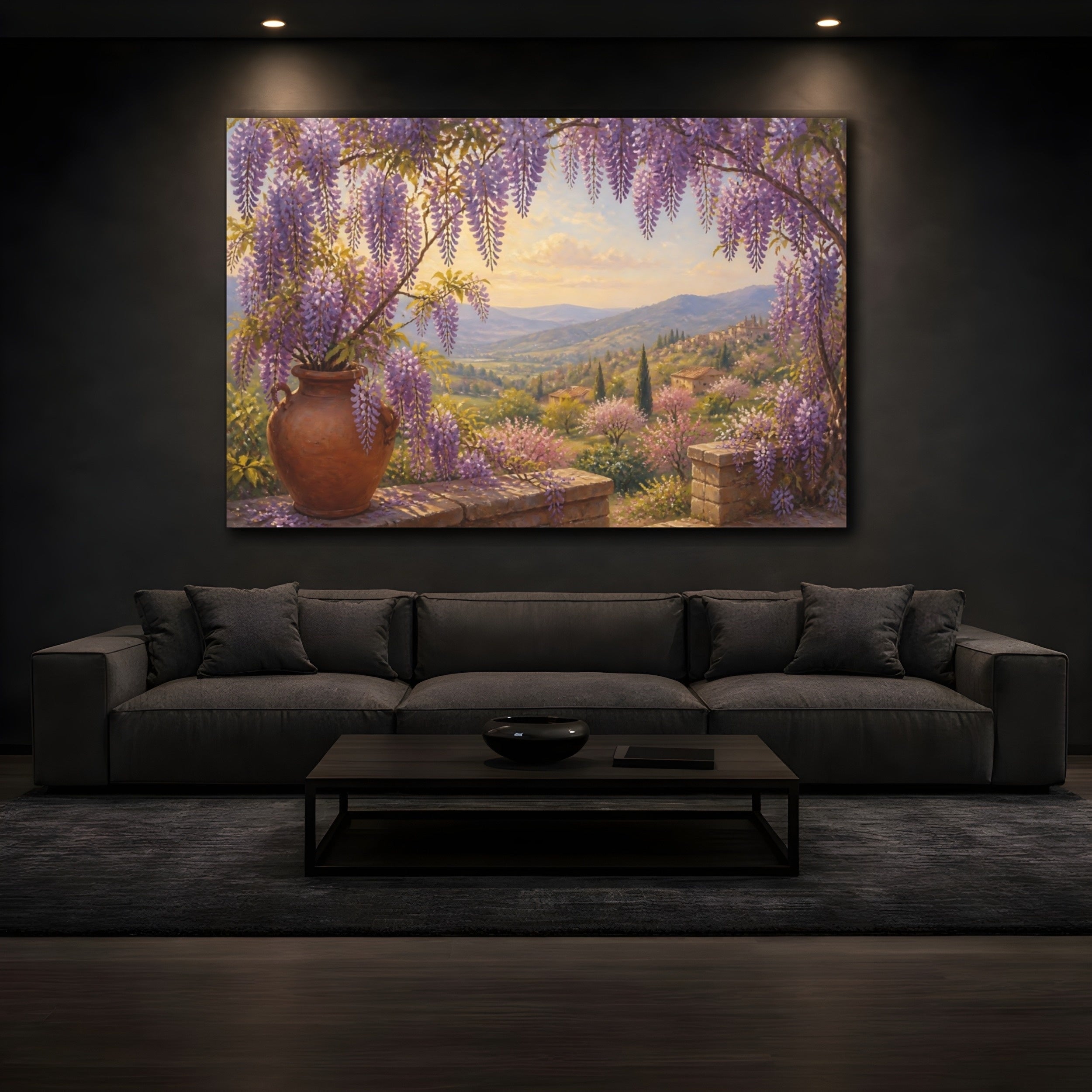 Mockup 3. Floral Wisteria Purple Wisteria Landscape shown as stretched canvas wall art