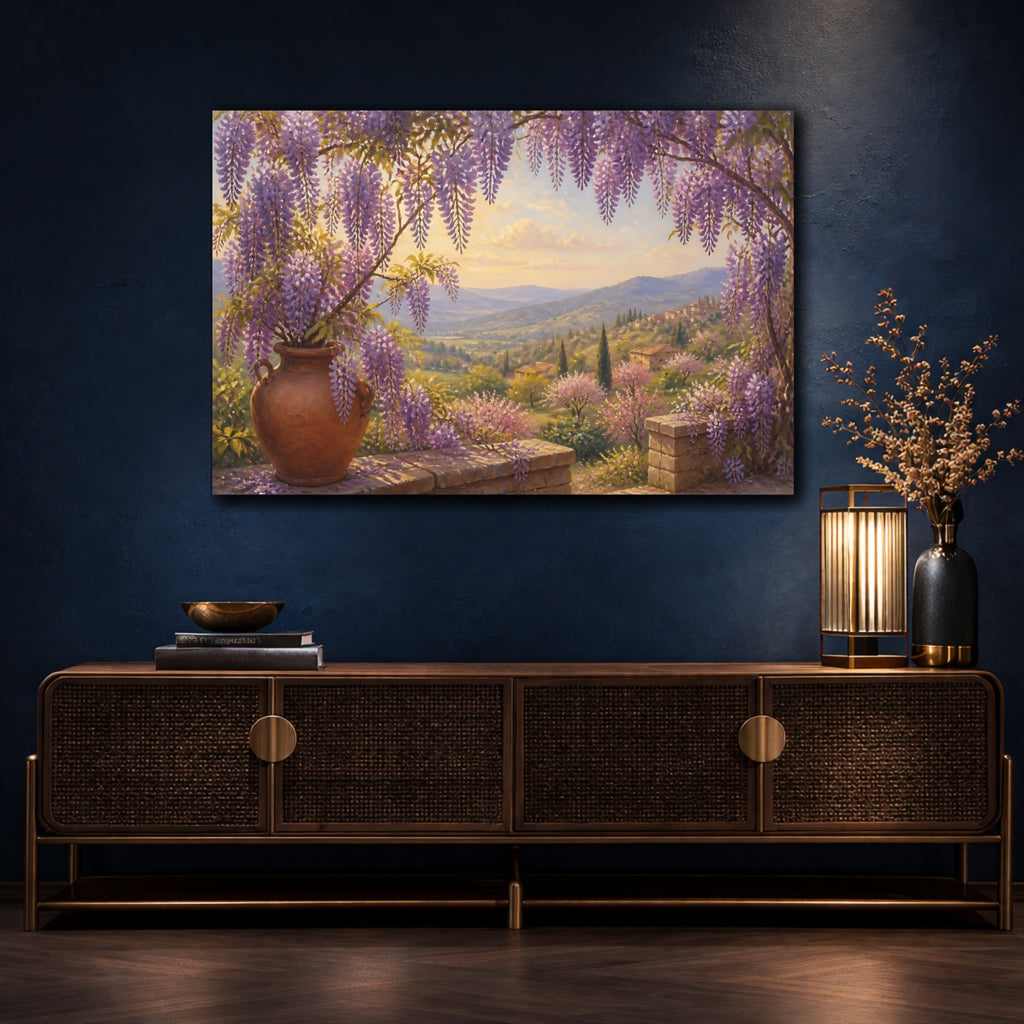 Mockup 4. Floral Wisteria Purple Wisteria Landscape shown as stretched canvas wall art
