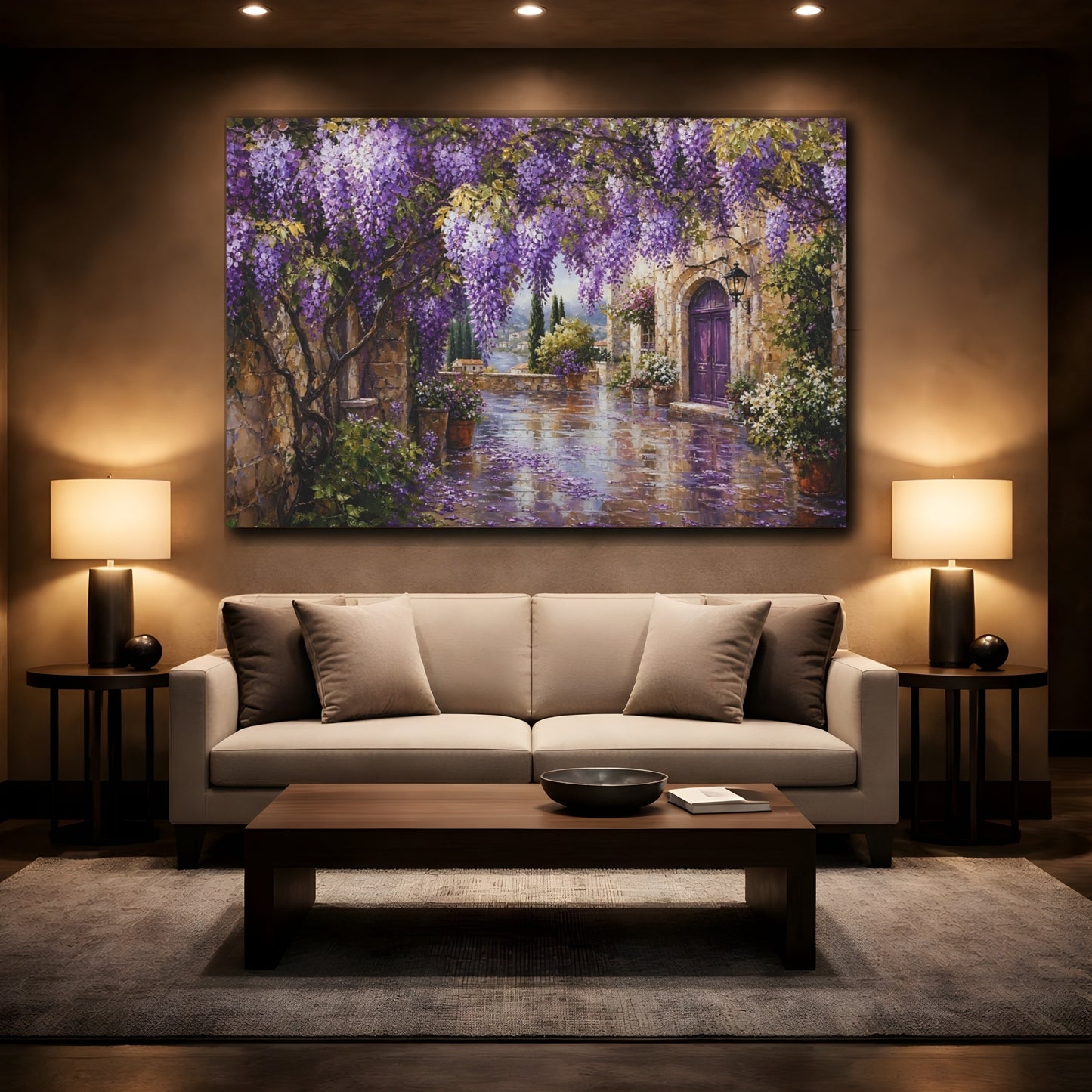 Mockup 2. Floral Wisteria Purple Wisteria shown as stretched canvas wall art