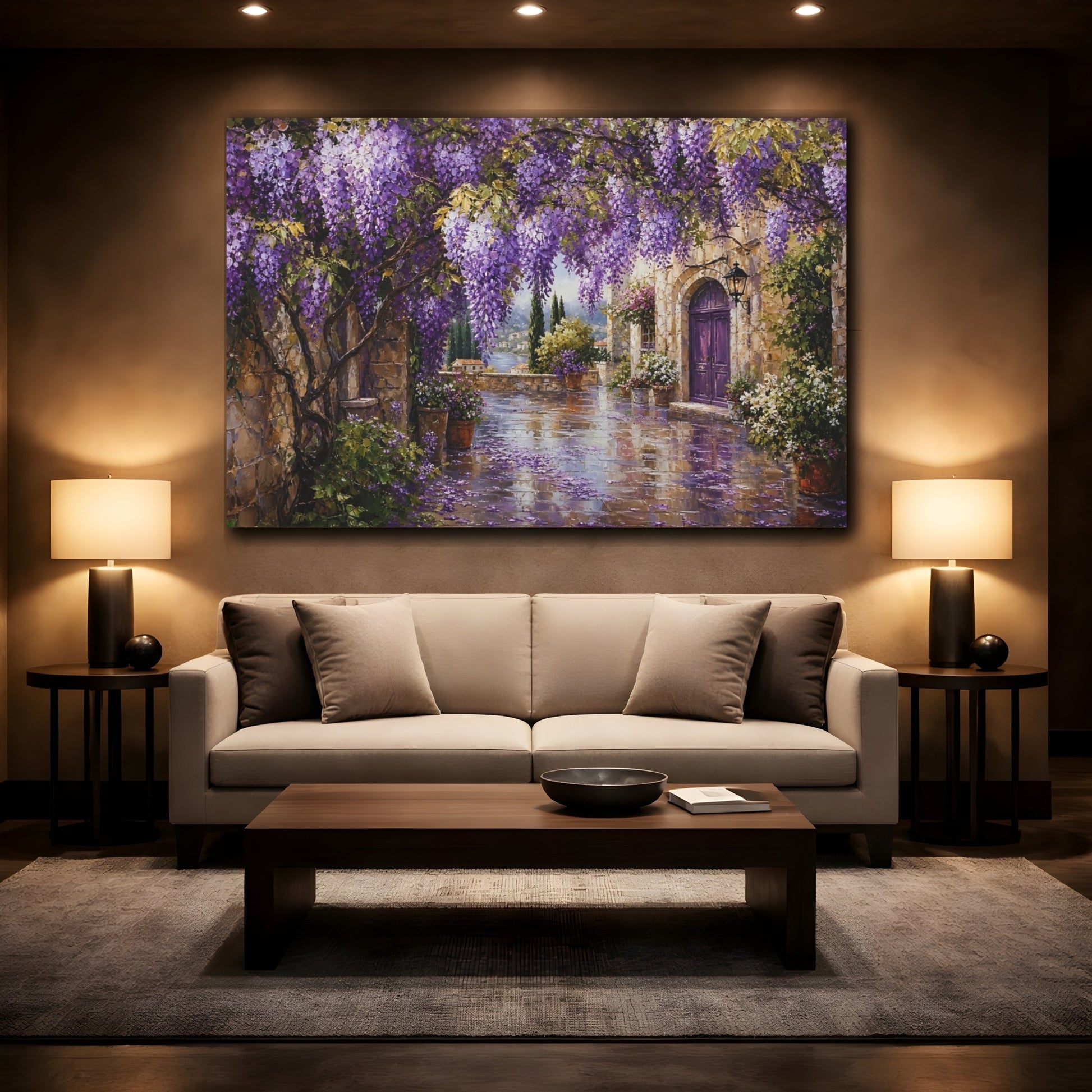 Mockup 2. Floral Wisteria Purple Wisteria shown as stretched canvas wall art