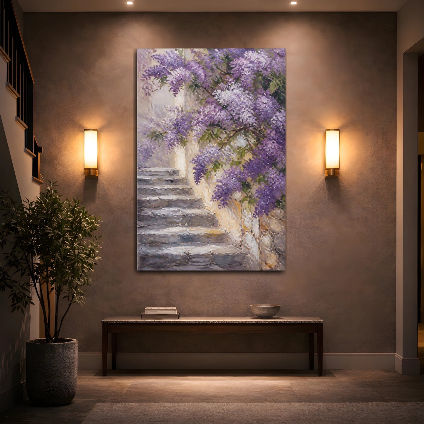 Mockup 2. Floral Wisteria Purple Wisteria shown as stretched canvas wall art