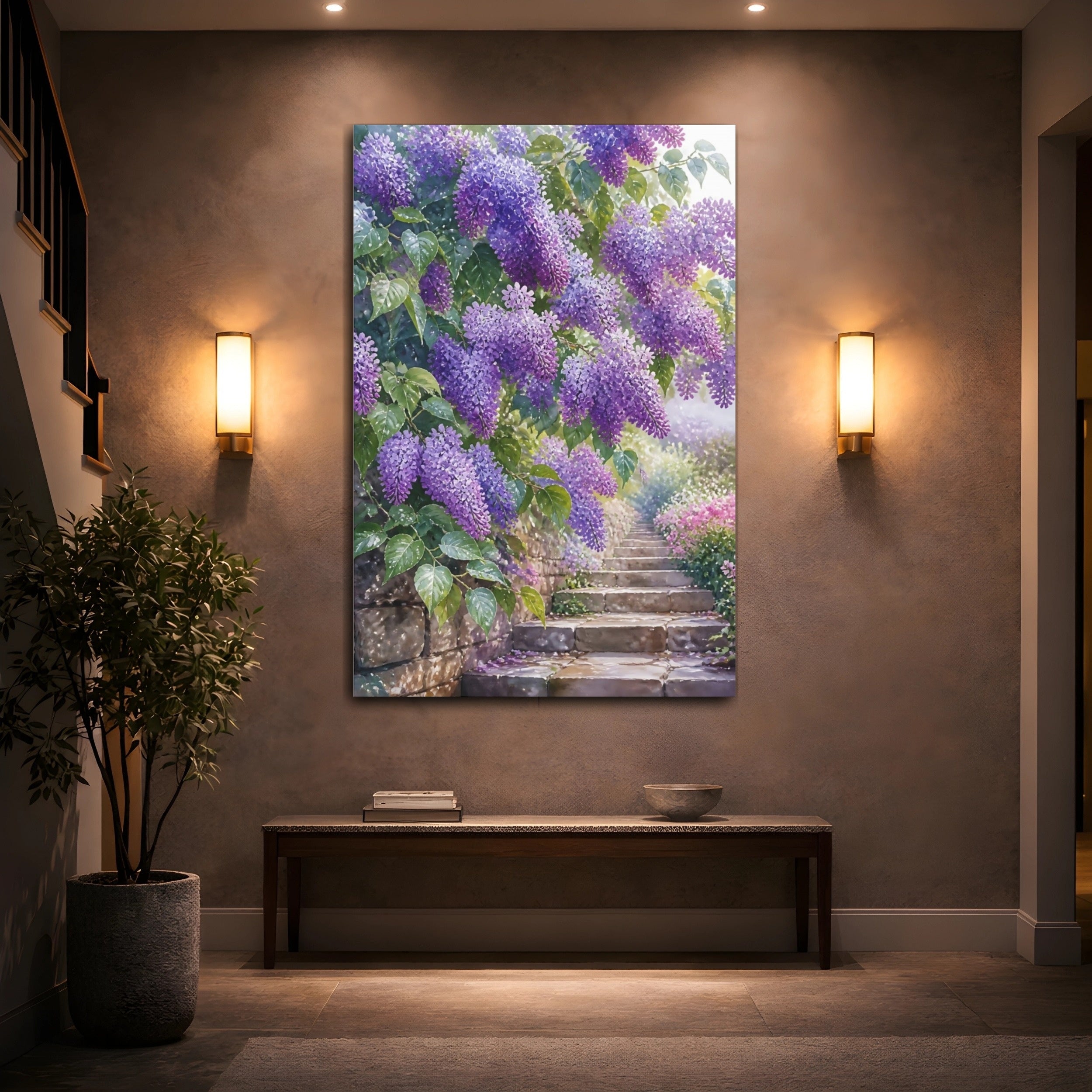 Mockup 2. Floral Wisteria Purple Wisteria shown as stretched canvas wall art