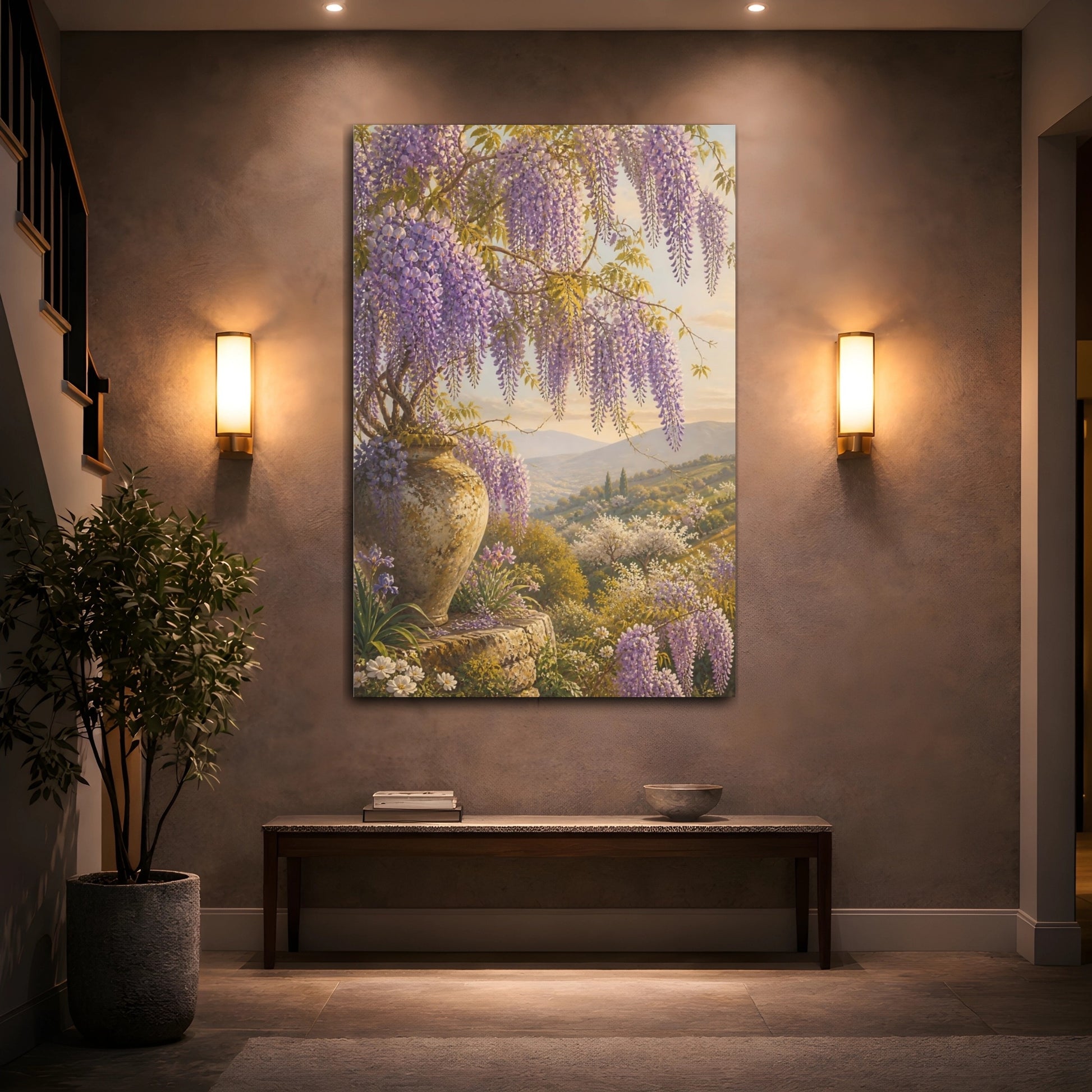 Mockup 2. Floral Wisteria Purple Wisteria shown as stretched canvas wall art