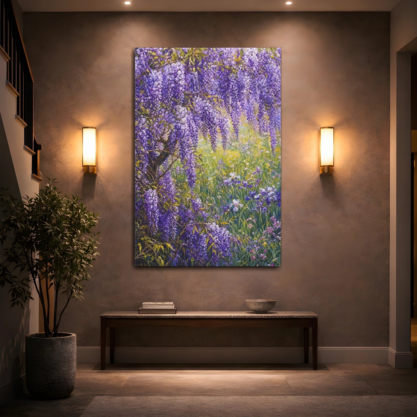 Mockup 2. Floral Wisteria Purple Wisteria shown as stretched canvas wall art