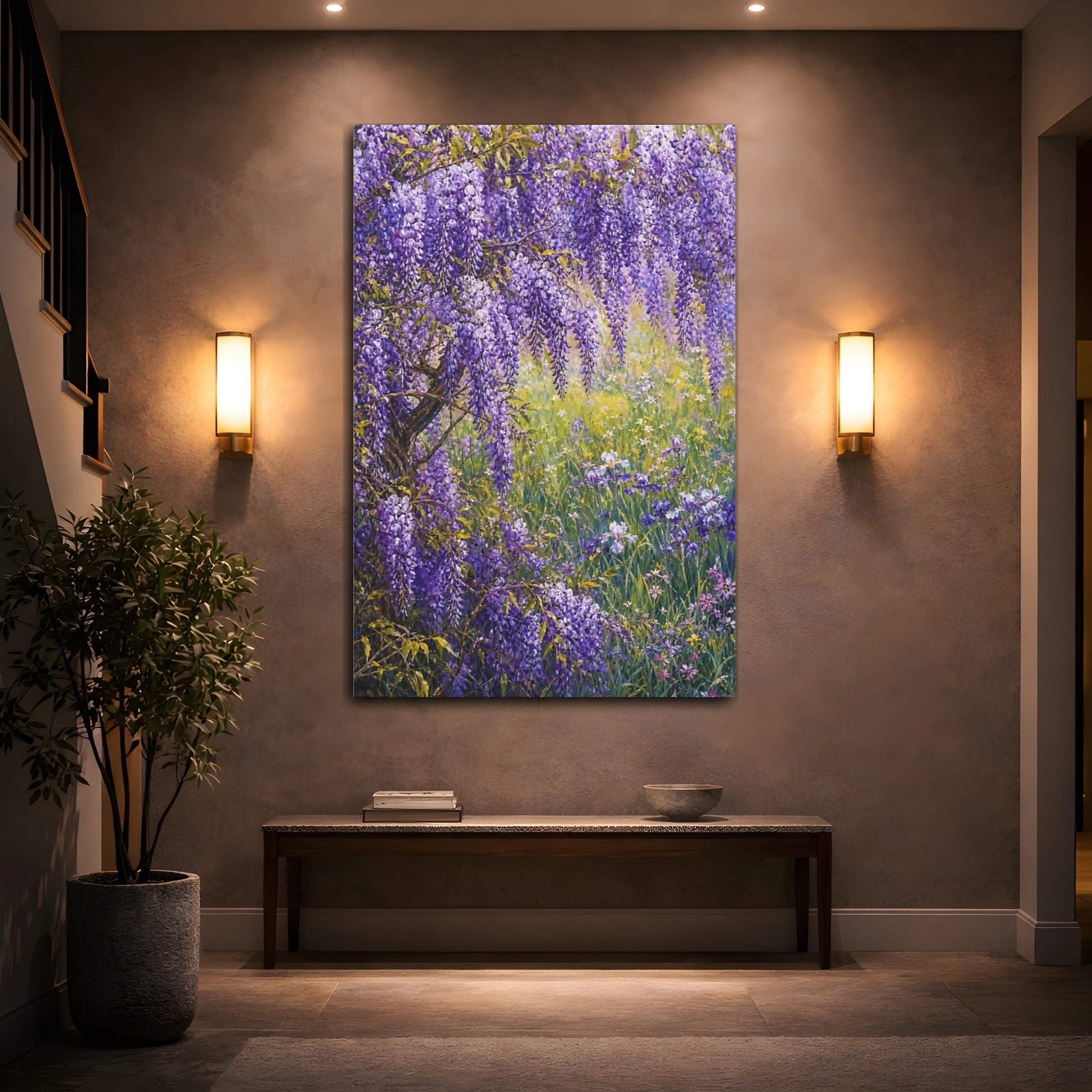 Mockup 2. Floral Wisteria Purple Wisteria shown as stretched canvas wall art