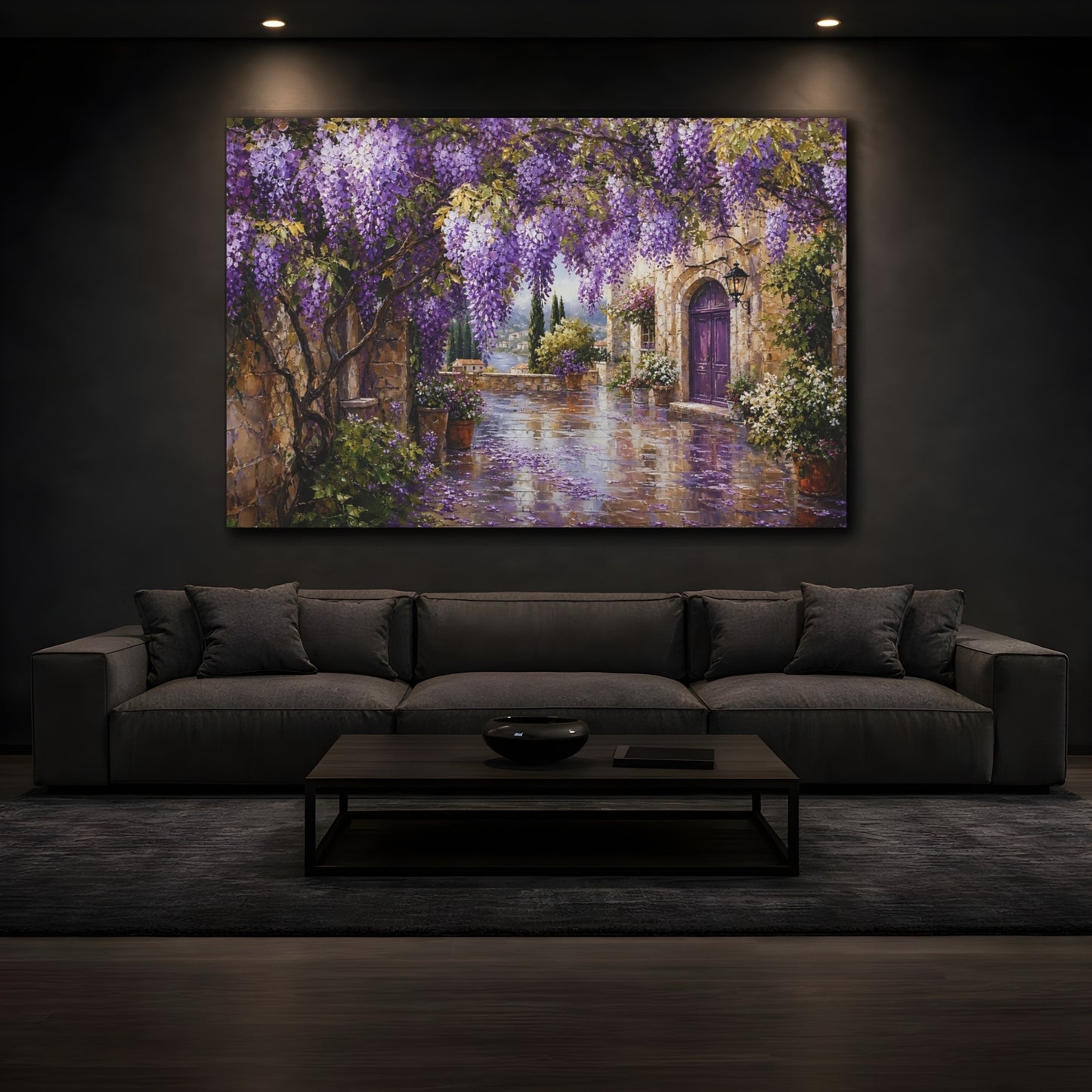 Mockup 3. Floral Wisteria Purple Wisteria shown as stretched canvas wall art