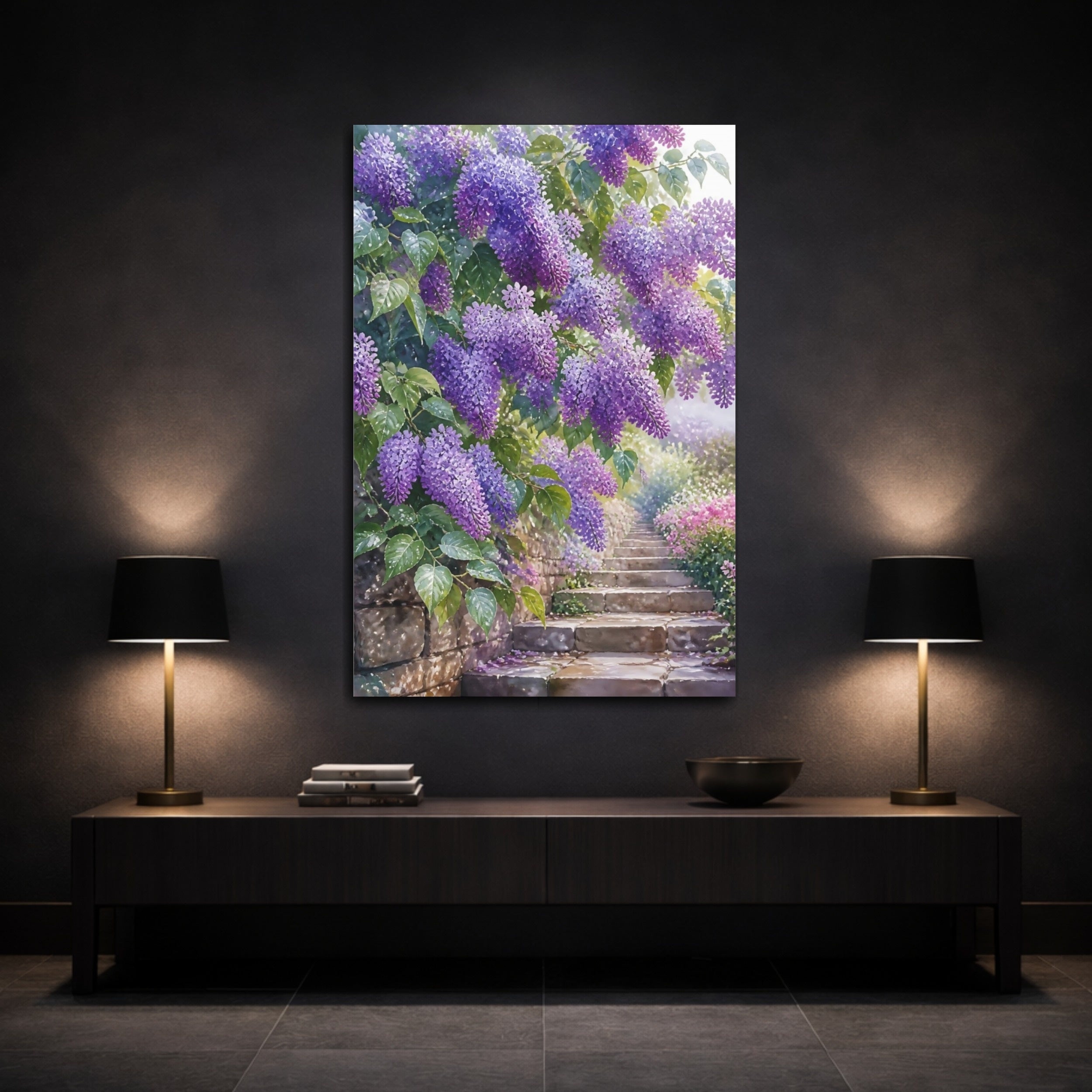 Mockup 3. Floral Wisteria Purple Wisteria shown as stretched canvas wall art