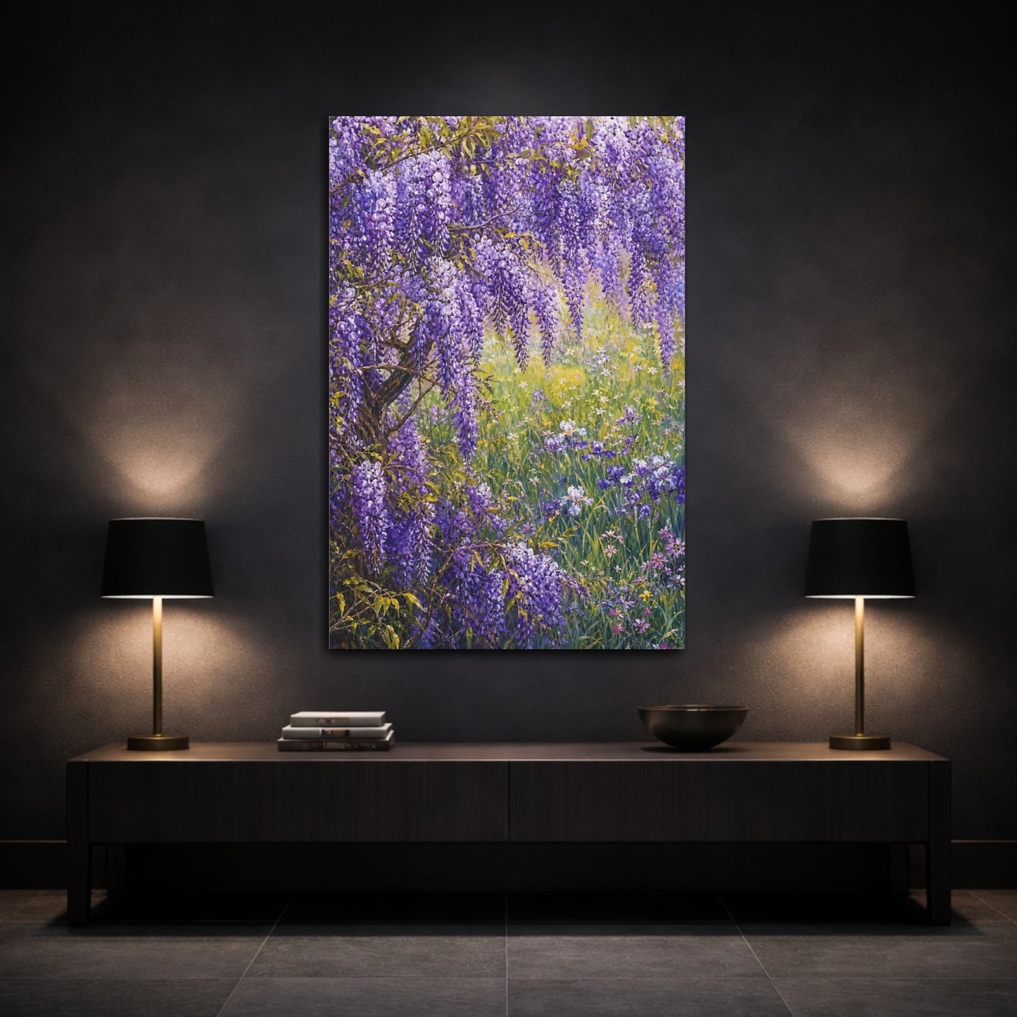 Mockup 3. Floral Wisteria Purple Wisteria shown as stretched canvas wall art