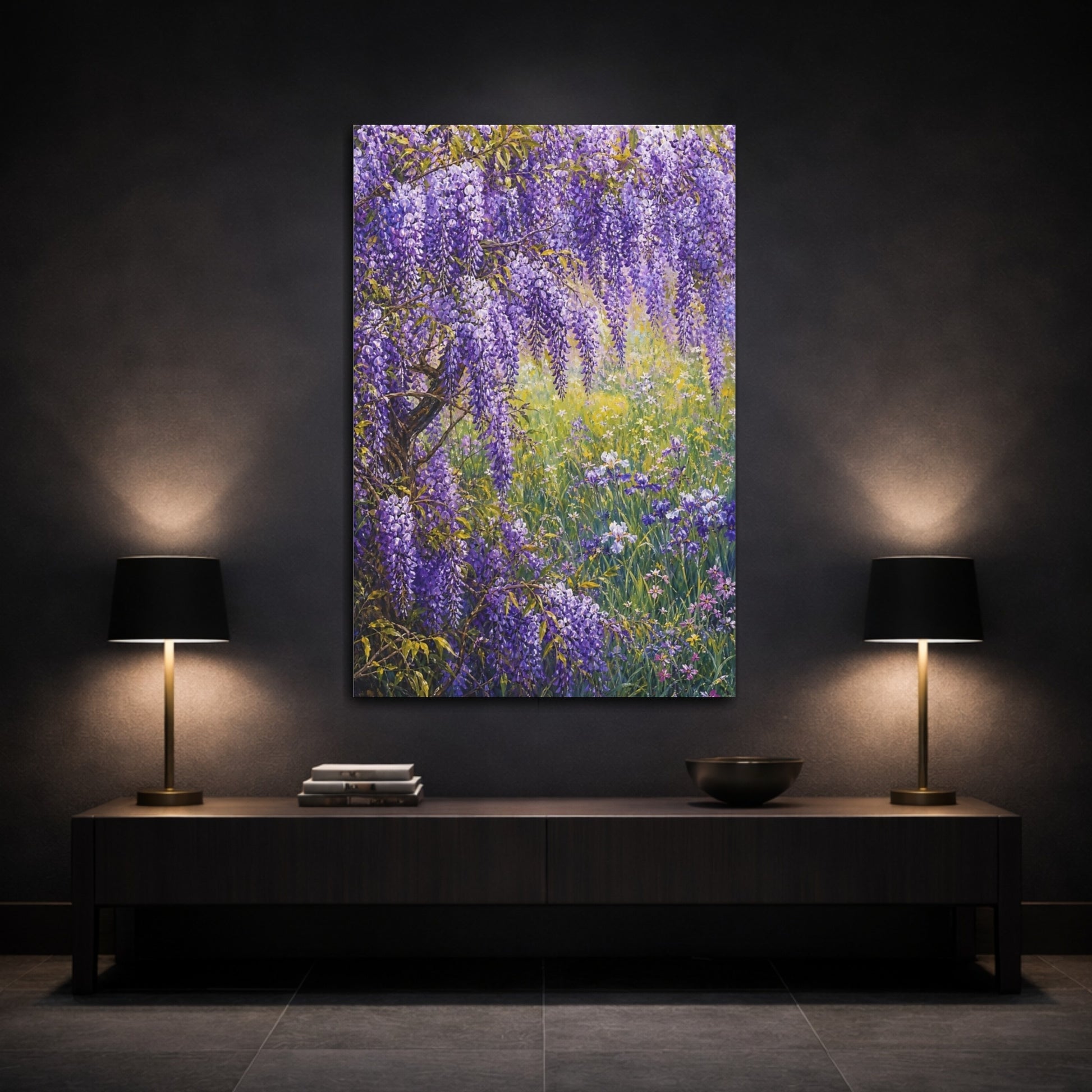 Mockup 3. Floral Wisteria Purple Wisteria shown as stretched canvas wall art