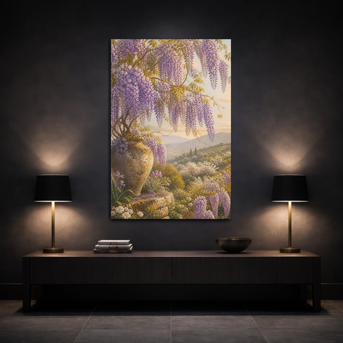 Mockup 3. Floral Wisteria Purple Wisteria shown as stretched canvas wall art