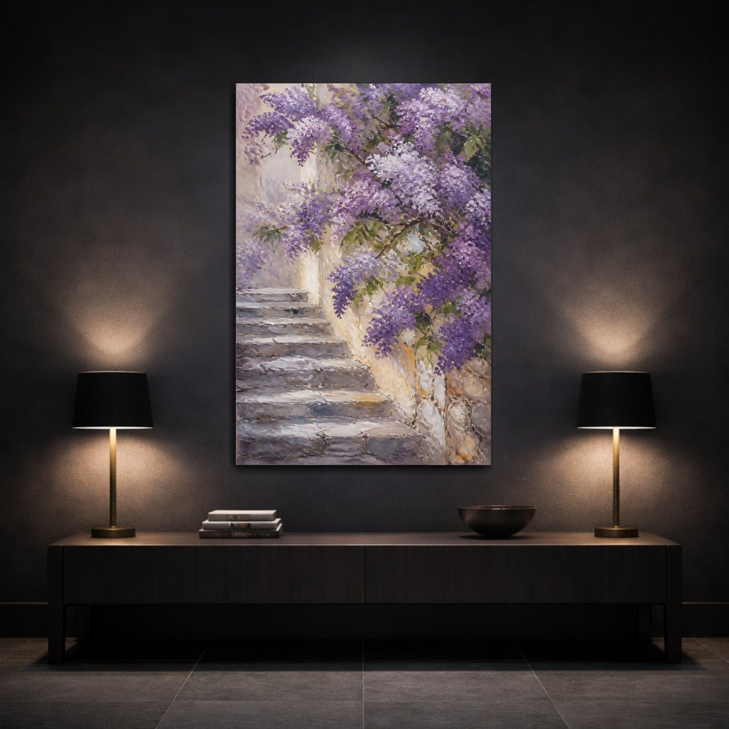 Mockup 3. Floral Wisteria Purple Wisteria shown as stretched canvas wall art
