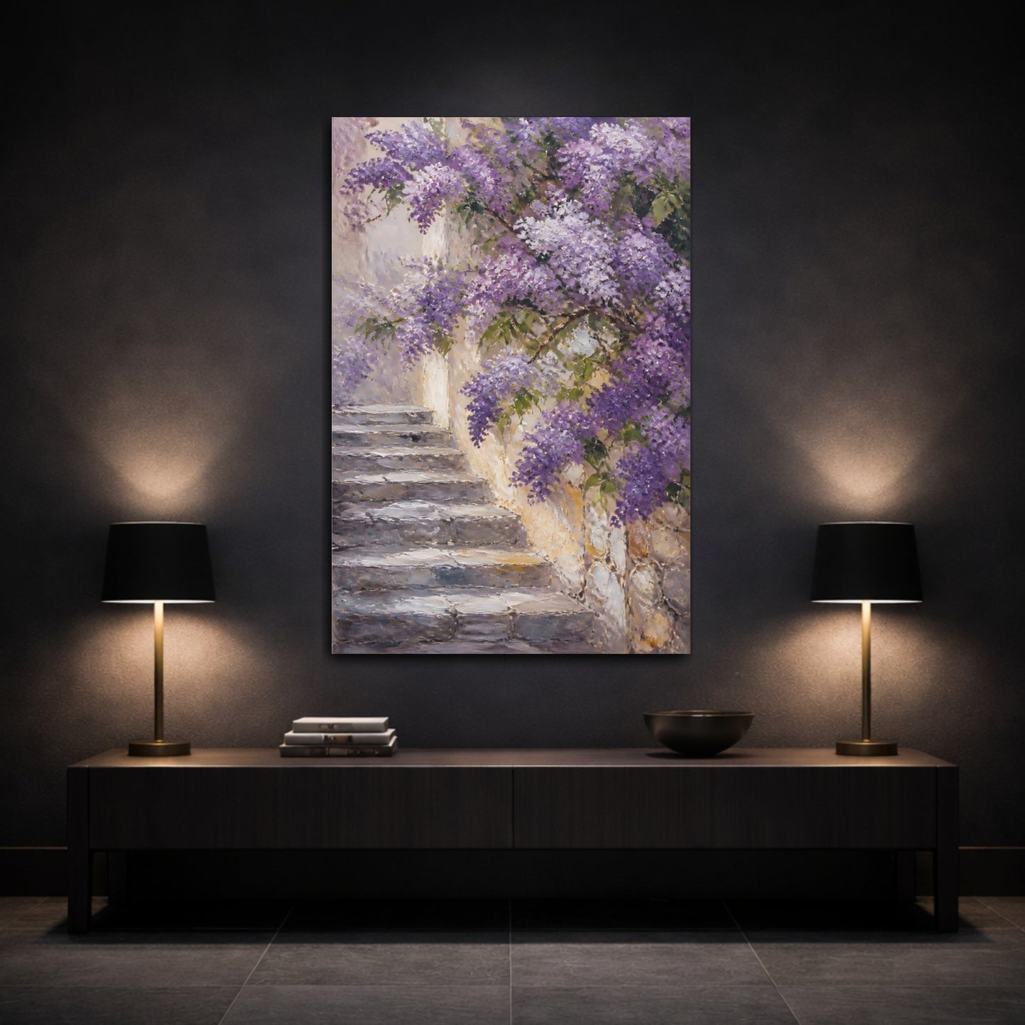 Mockup 3. Floral Wisteria Purple Wisteria shown as stretched canvas wall art