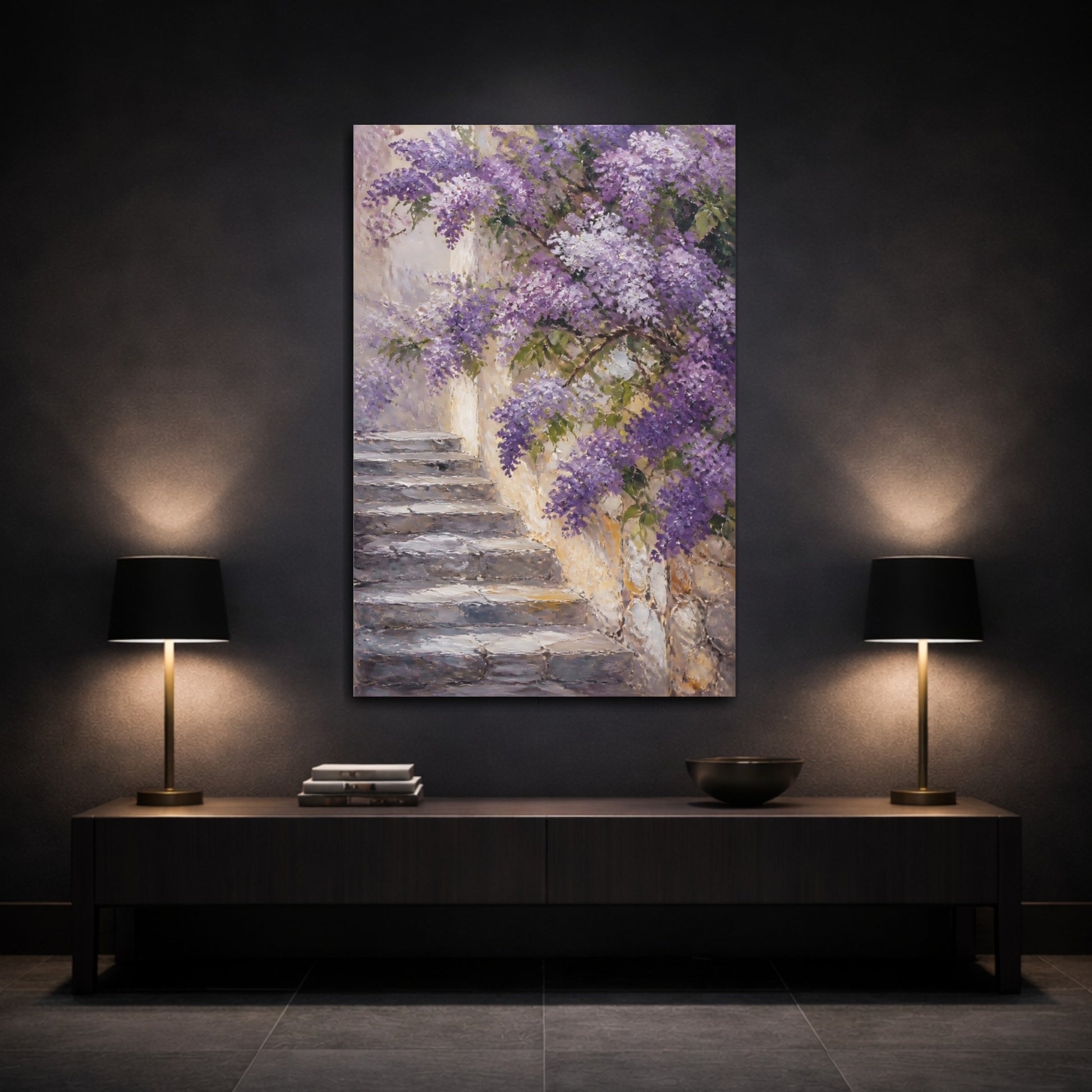 Mockup 3. Floral Wisteria Purple Wisteria shown as stretched canvas wall art