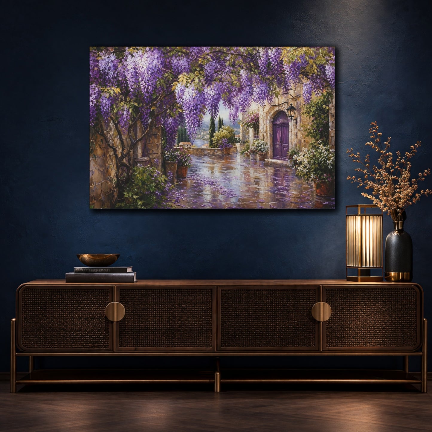Mockup 4. Floral Wisteria Purple Wisteria shown as stretched canvas wall art