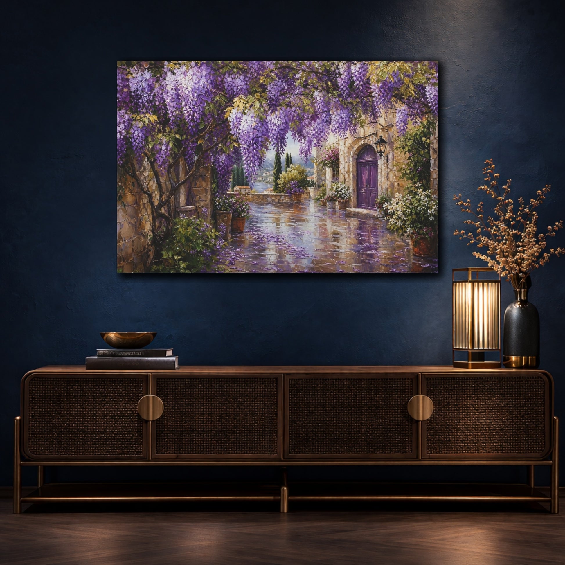 Mockup 4. Floral Wisteria Purple Wisteria shown as stretched canvas wall art
