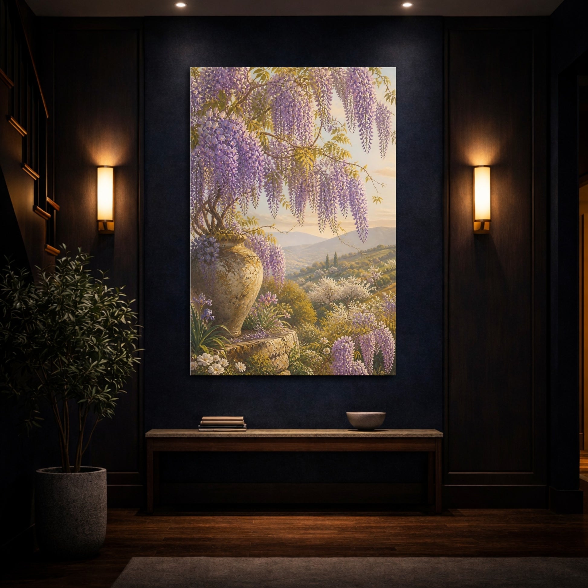 Mockup 4. Floral Wisteria Purple Wisteria shown as stretched canvas wall art
