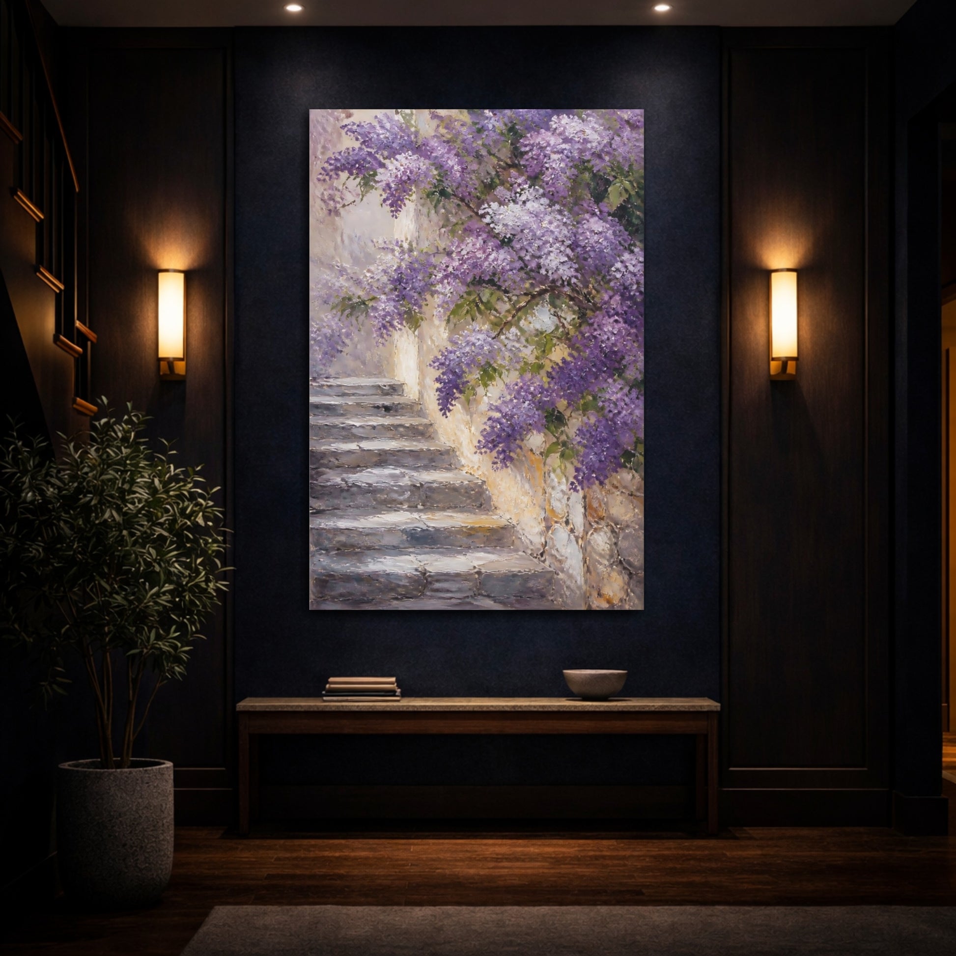 Mockup 4. Floral Wisteria Purple Wisteria shown as stretched canvas wall art