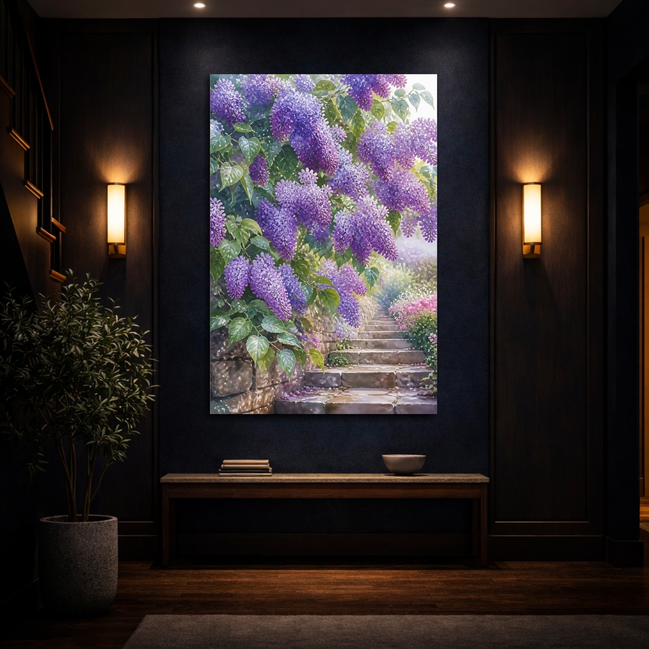 Mockup 4. Floral Wisteria Purple Wisteria shown as stretched canvas wall art