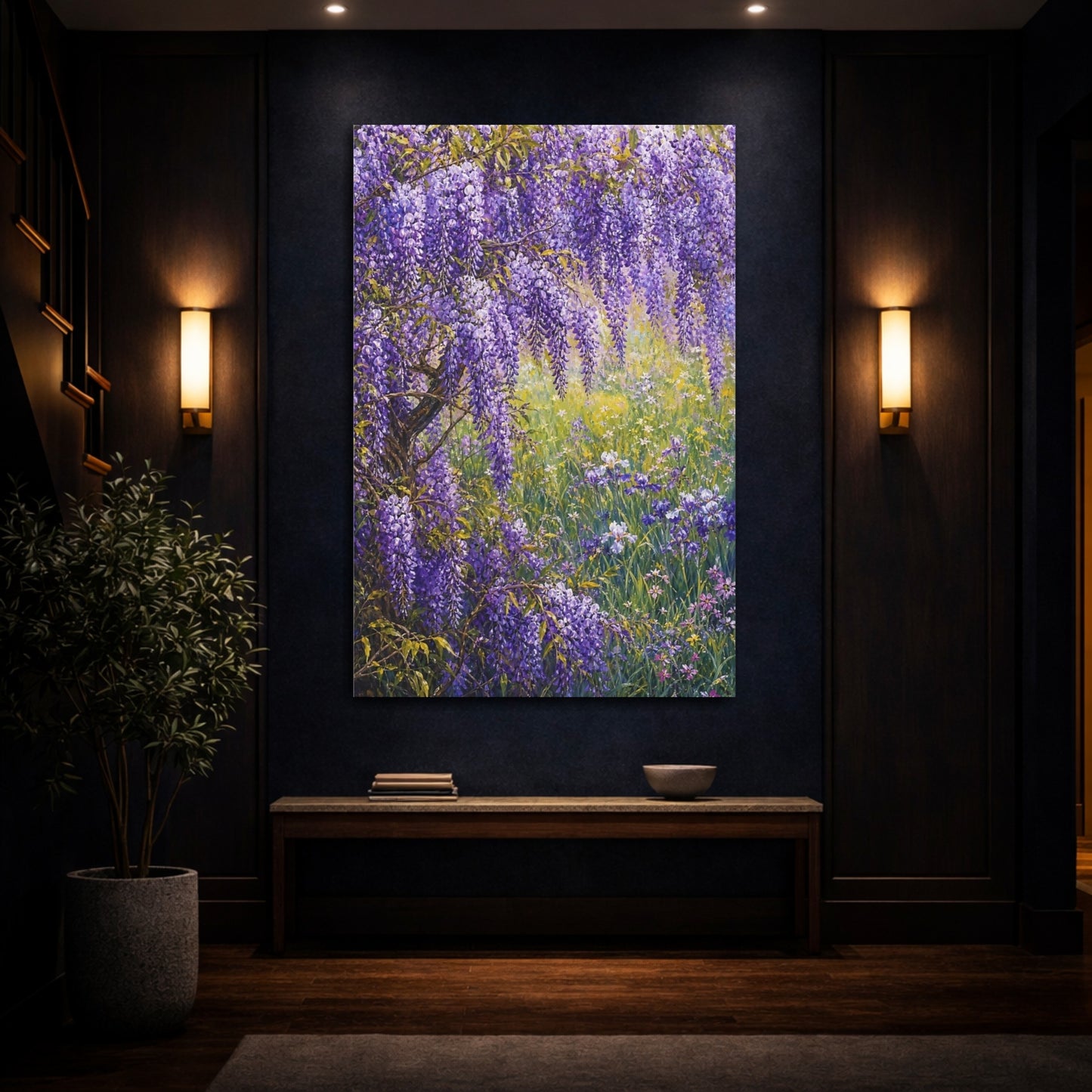 Mockup 4. Floral Wisteria Purple Wisteria shown as stretched canvas wall art