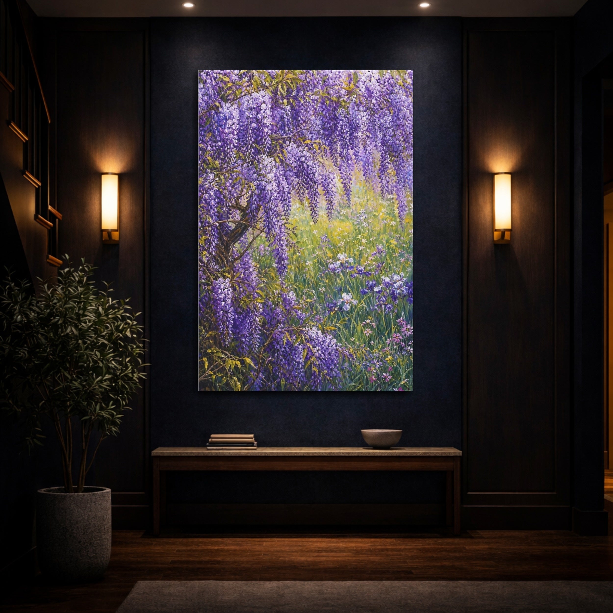 Mockup 4. Floral Wisteria Purple Wisteria shown as stretched canvas wall art