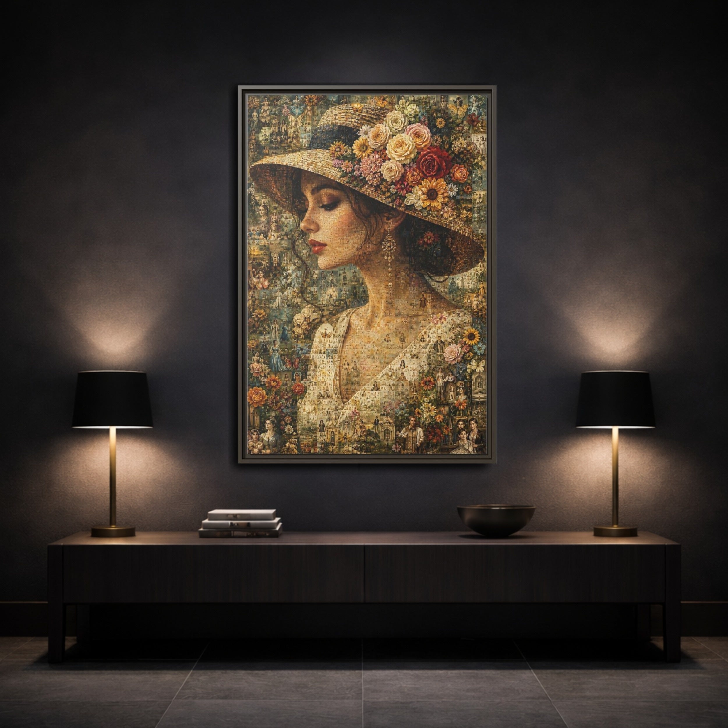 Mockup 3. Floral Woman Multicolor Floral shown as stretched canvas wall art