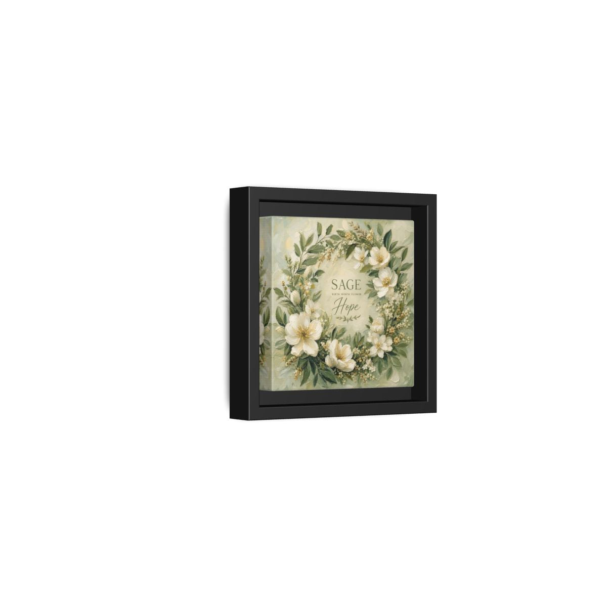 Side Mockup 24. Floral Floral Wreath Sage Green Floral shown as stretched canvas wall art