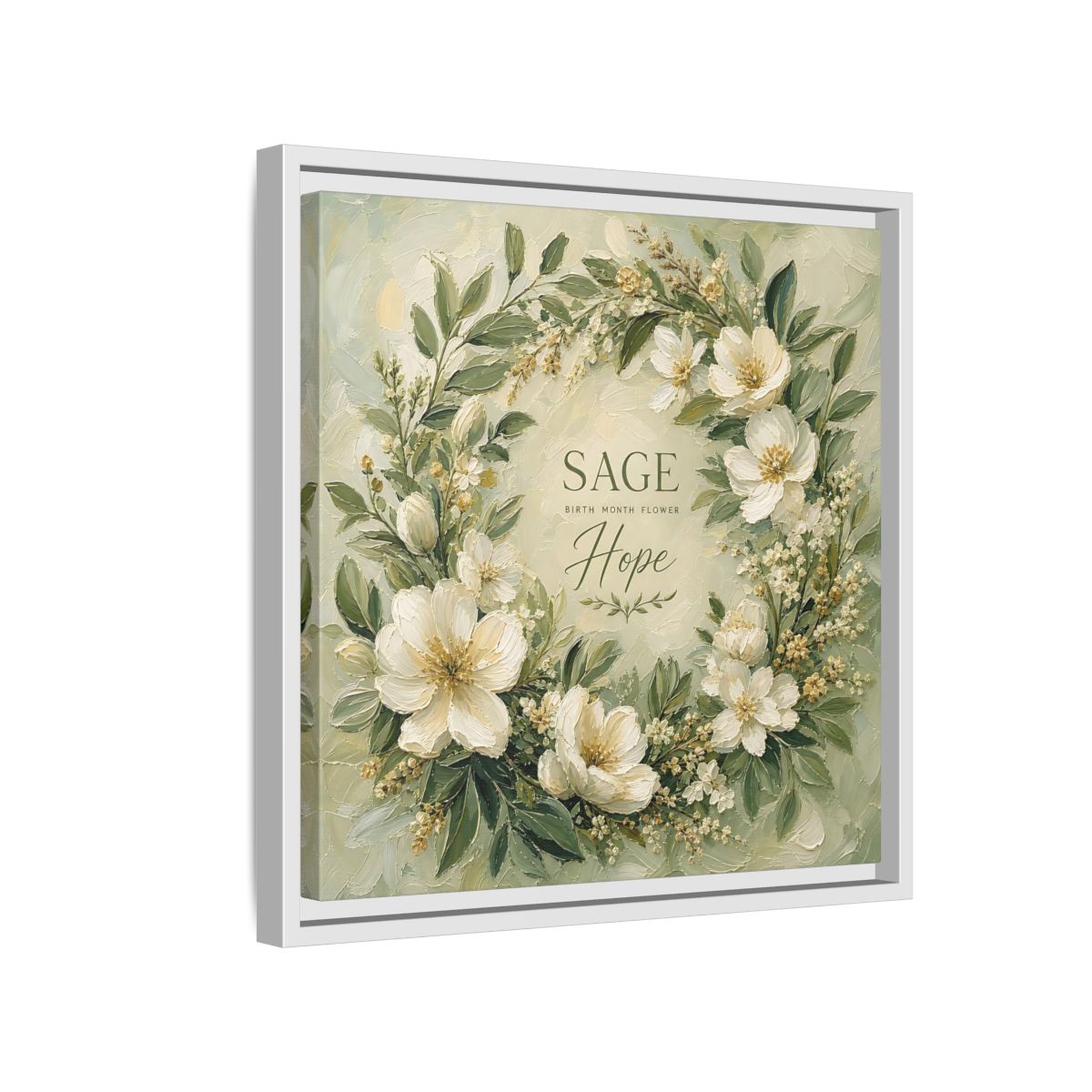Side Mockup 13. Floral Floral Wreath Sage Green Floral shown as stretched canvas wall art