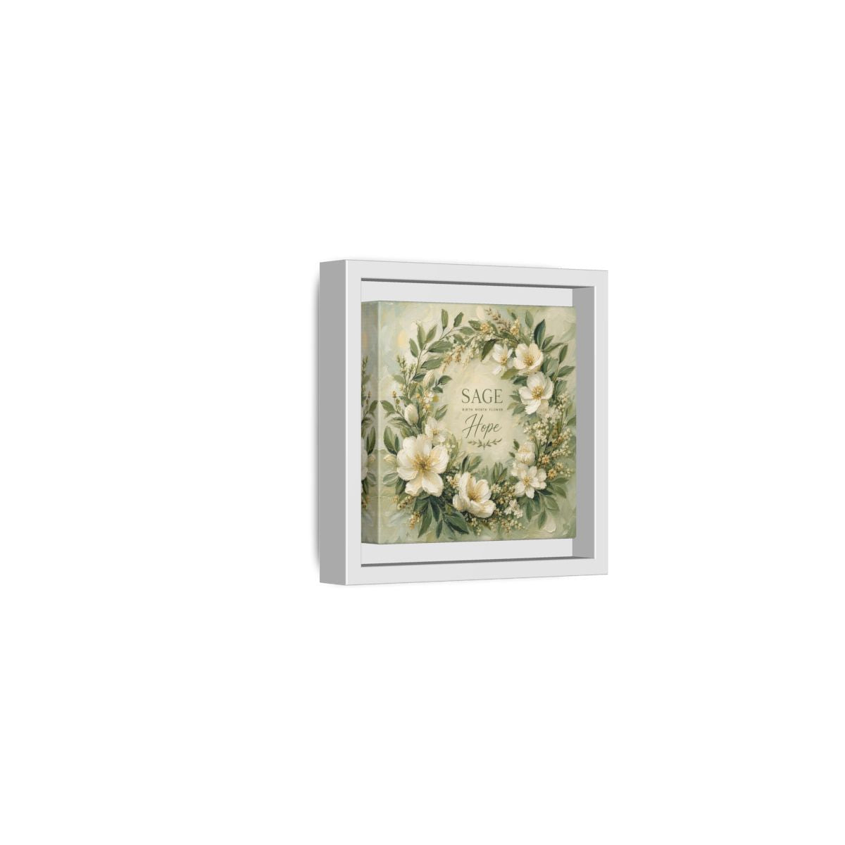 Side Mockup 22. Floral Floral Wreath Sage Green Floral shown as stretched canvas wall art