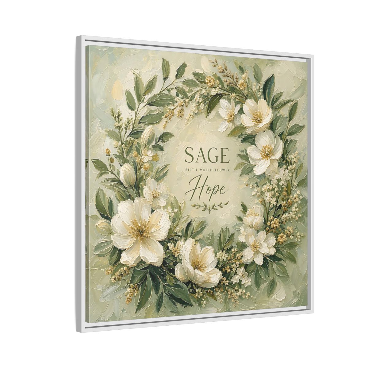 Side Mockup 7. Floral Floral Wreath Sage Green Floral shown as stretched canvas wall art