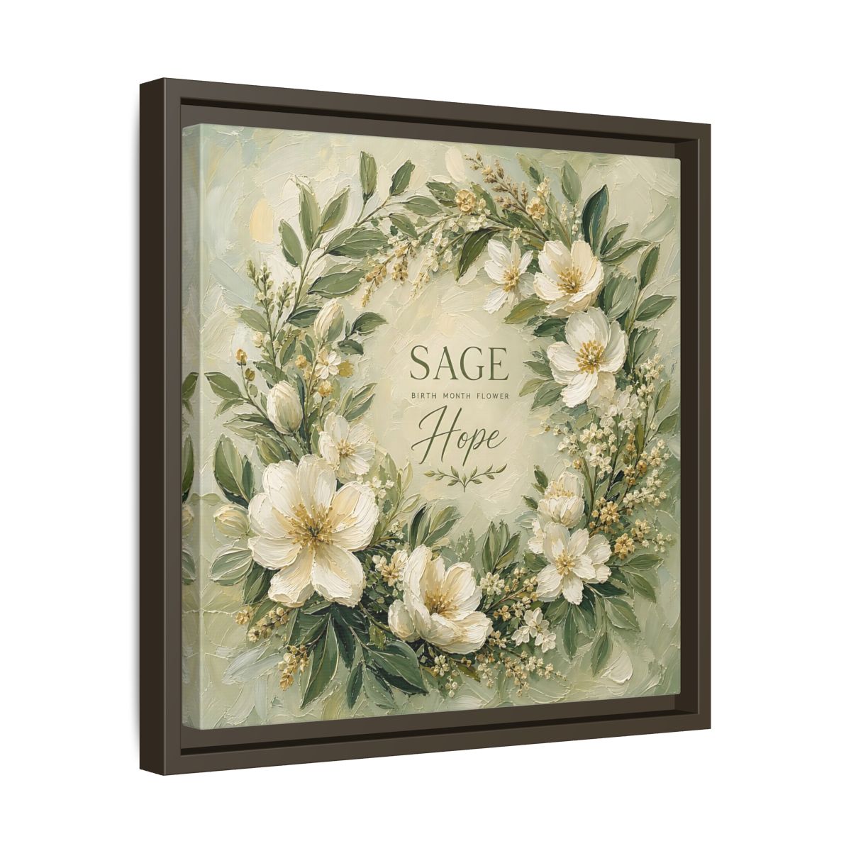 Side Mockup 29. Floral Floral Wreath Sage Green Floral shown as stretched canvas wall art