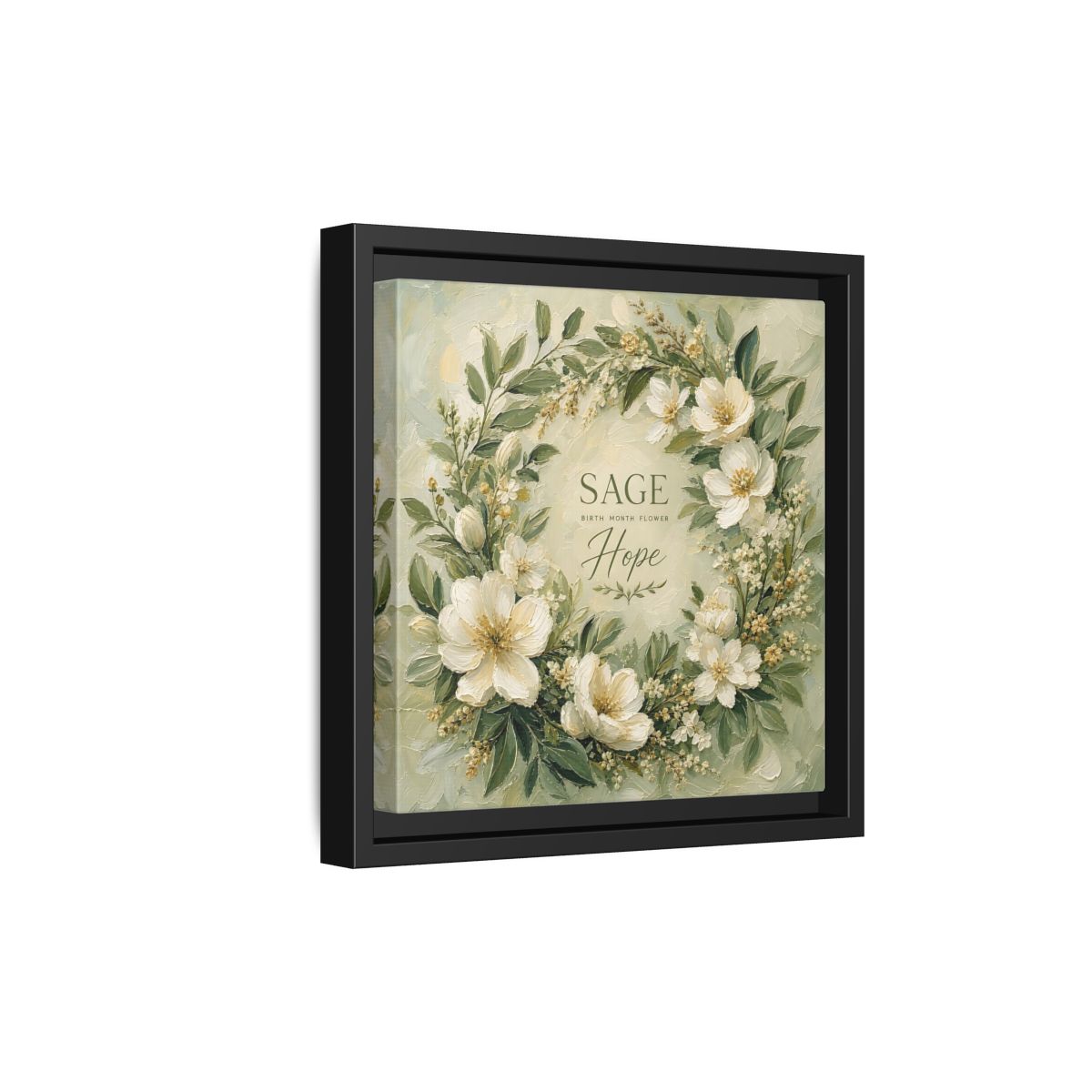 Side Mockup 21. Floral Floral Wreath Sage Green Floral shown as stretched canvas wall art
