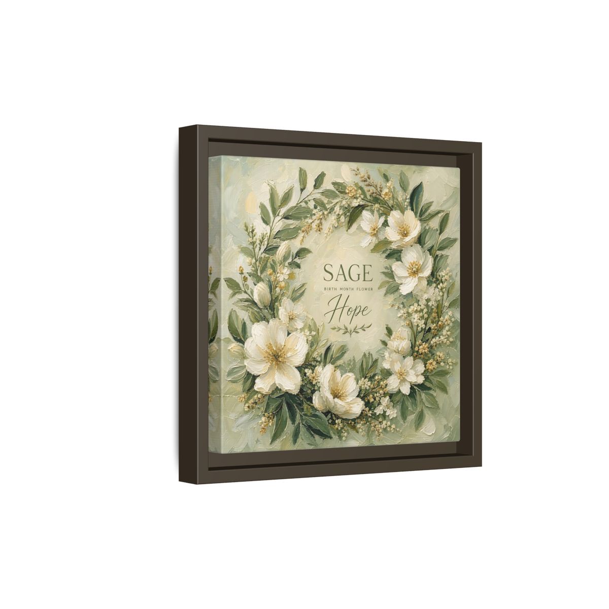 Side Mockup 20. Floral Floral Wreath Sage Green Floral shown as stretched canvas wall art