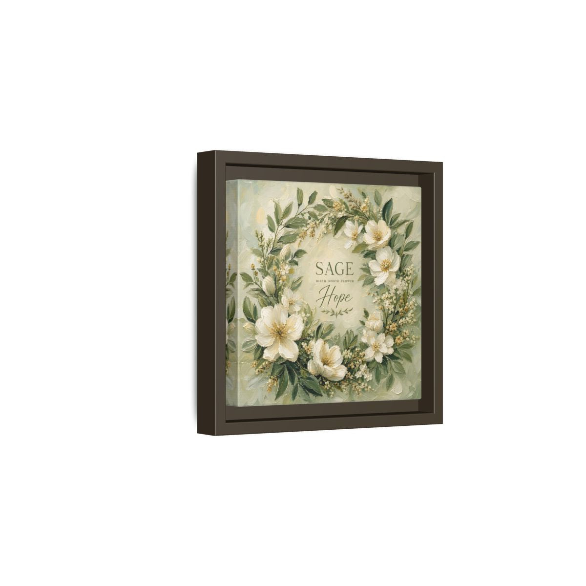 Side Mockup 2. Floral Floral Wreath Sage Green Floral shown as stretched canvas wall art