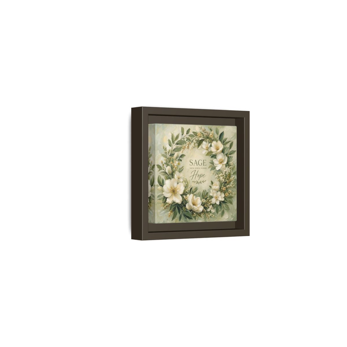 Side Mockup 23. Floral Floral Wreath Sage Green Floral shown as stretched canvas wall art