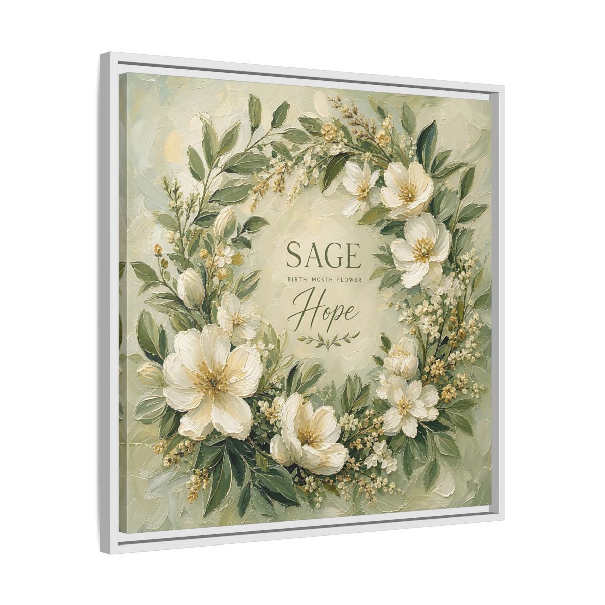 Side Mockup 26. Floral Floral Wreath Sage Green Floral shown as stretched canvas wall art