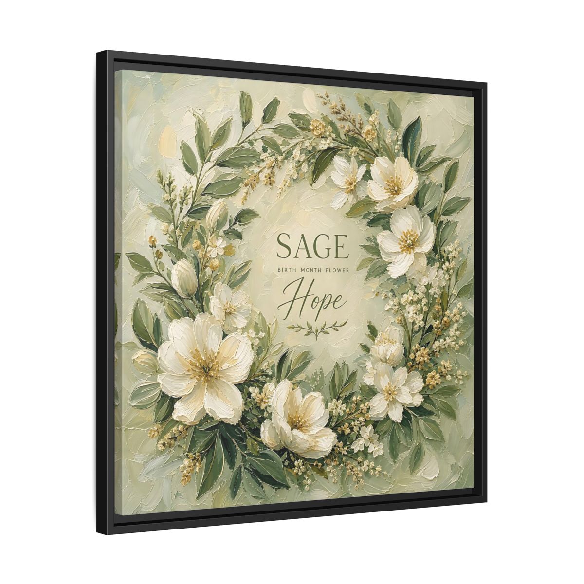 Side Mockup 31. Floral Floral Wreath Sage Green Floral shown as stretched canvas wall art