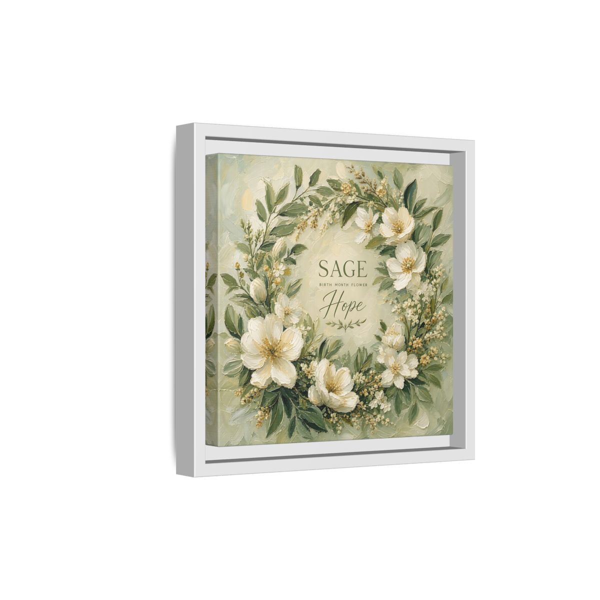 Side Mockup 19. Floral Floral Wreath Sage Green Floral shown as stretched canvas wall art