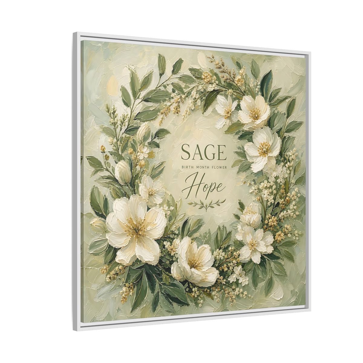 Side Mockup 4. Floral Floral Wreath Sage Green Floral shown as stretched canvas wall art