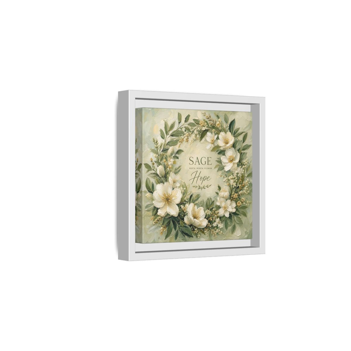 Side Mockup 1. Floral Floral Wreath Sage Green Floral shown as stretched canvas wall art