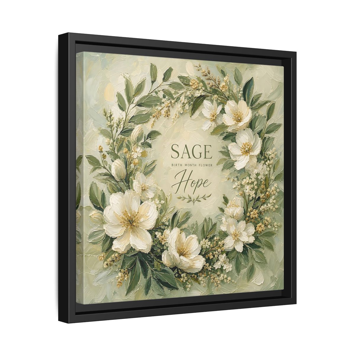 Side Mockup 32. Floral Floral Wreath Sage Green Floral shown as stretched canvas wall art