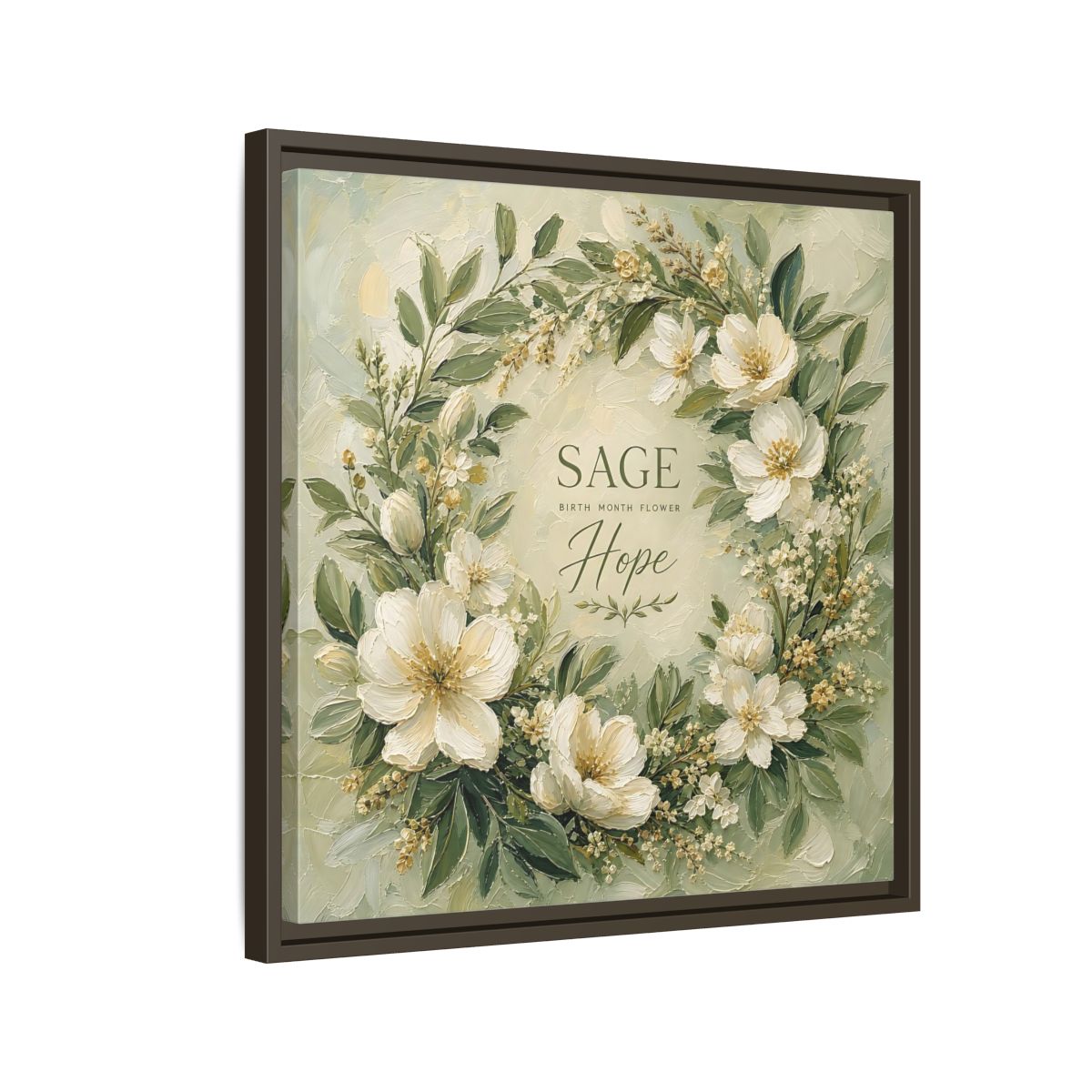 Side Mockup 11. Floral Floral Wreath Sage Green Floral shown as stretched canvas wall art