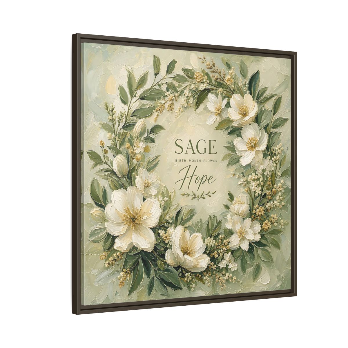 Side Mockup 8. Floral Floral Wreath Sage Green Floral shown as stretched canvas wall art