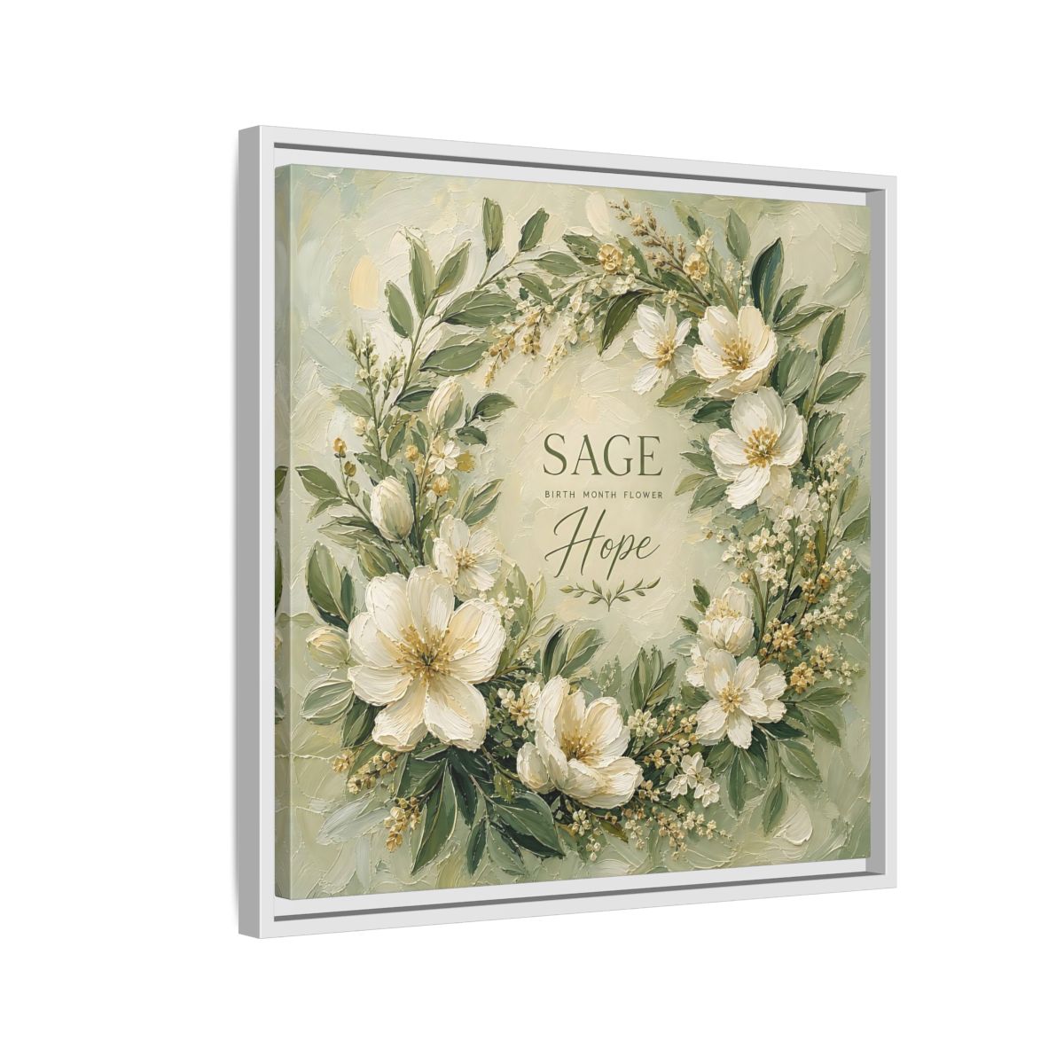 Side Mockup 10. Floral Floral Wreath Sage Green Floral shown as stretched canvas wall art