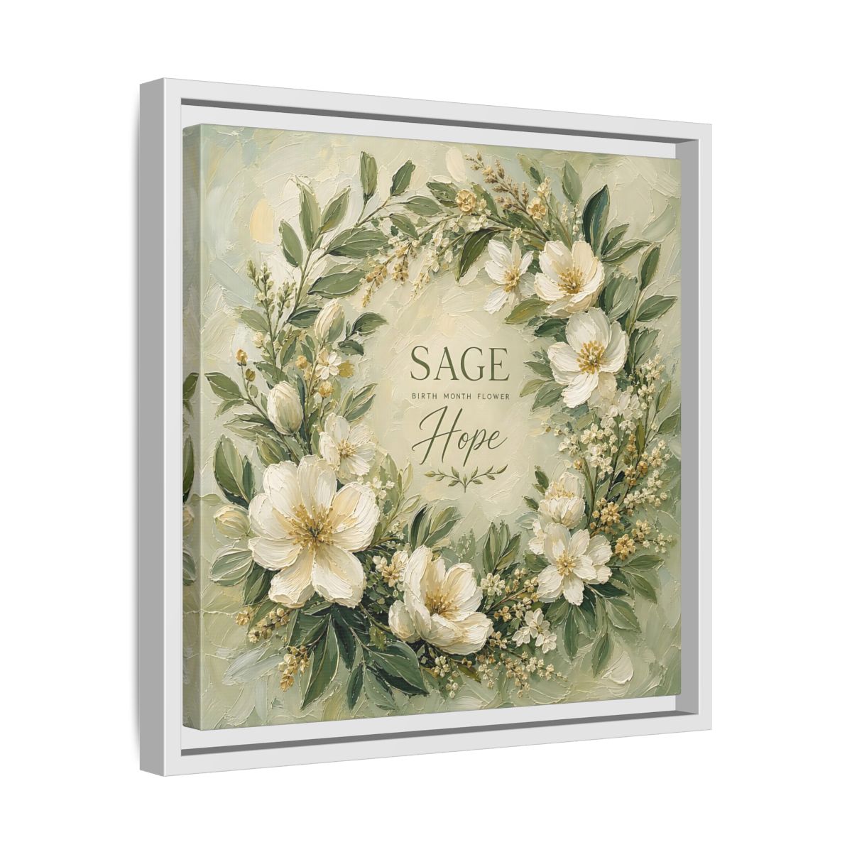 Side Mockup 28. Floral Floral Wreath Sage Green Floral shown as stretched canvas wall art