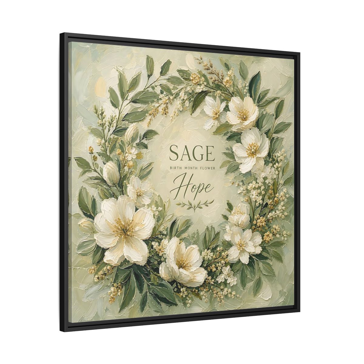 Side Mockup 30. Floral Floral Wreath Sage Green Floral shown as stretched canvas wall art