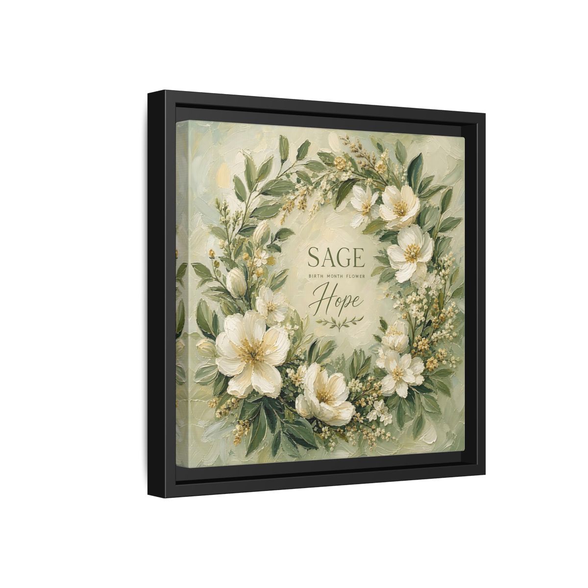 Side Mockup 18. Floral Floral Wreath Sage Green Floral shown as stretched canvas wall art