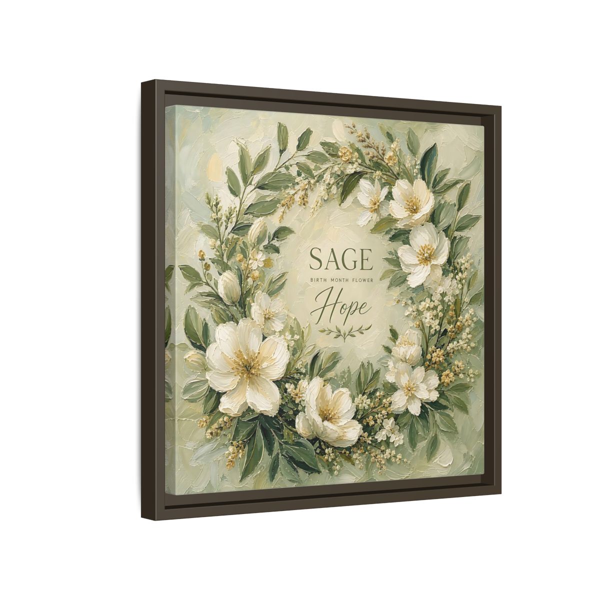 Side Mockup 14. Floral Floral Wreath Sage Green Floral shown as stretched canvas wall art