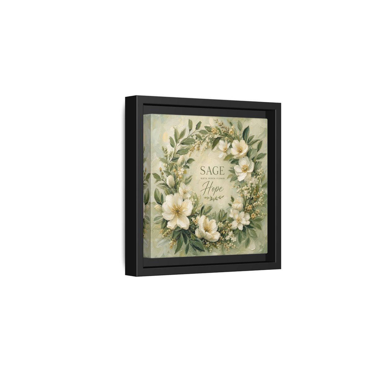 Side Mockup 3. Floral Floral Wreath Sage Green Floral shown as stretched canvas wall art